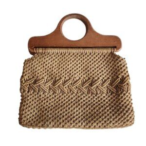 Vintage macrame & wood handle handmade bag